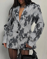 Oversize Damen Blazer mit Floralem Muster in Grau