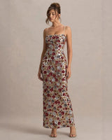 Pailletten Abendkleid in Maxi-Länge mit Blumenmuster in Mehrfarbig