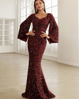 Pailletten Abendkleid Maxi mit V-Ausschnitt in Bordeaux