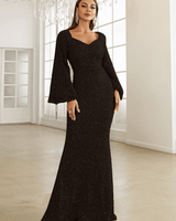 Pailletten Abendkleid Maxi mit V-Ausschnitt in Schwarz