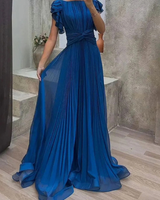 Patricia | Damen Maxikleid im A Linien Stil mit Falten und Volant in Blau