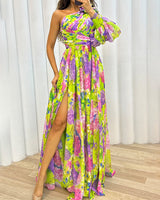 Philippa | Damen One-Shoulder Blüten Maxikleid mit Schlitz in Gelb