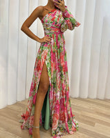 Philippa | Damen One-Shoulder Blüten Maxikleid mit Schlitz in Grün