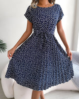 Caitlin | Plissee Blumenmuster Kleid in Marineblau