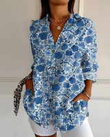 Leonie | Plus Size Bluse Florale Prints Langarm Knopfleiste in Dark Blue Floral