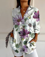 Leonie | Plus Size Bluse Florale Prints Langarm Knopfleiste in Purple Flowers