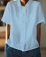 Venice | Weiße Locker sitzende Baumwoll-Leinen Bluse mit kurzen Ärmeln in Blau