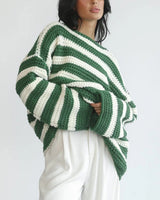 Pullover Damen Oversized Streifen in Grün