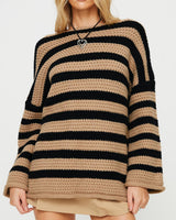 Pullover Damen Oversized Streifen in Khaki