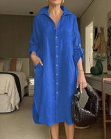 Lissabon™ Kleid aus Baumwoll-Leinen mit tailliertem Kragen / Das Couture-Kleidungsstück für die moderne Frau! in Blau