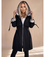Rahel | Damen Regenjacke mit Kapuze, wasserdicht und Karomuster in Schwarz