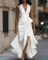 Raphaela | Damen Neckholder Wickel Abendkleid in Weiß