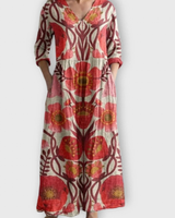 Rebecca | Damen Rotes Boho Maxikleid mit V Ausschnitt und Blumen in Rot