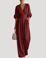 Reena | Damen Jumpsuit Weites Bein V-Ausschnitt Overall in Weinrot