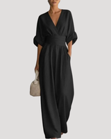 Reena | Damen Jumpsuit Weites Bein V-Ausschnitt Overall in Schwarz