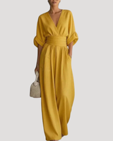 Reena | Damen Jumpsuit Weites Bein V-Ausschnitt Overall in Gelb