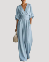 Reena | Damen Jumpsuit Weites Bein V-Ausschnitt Overall in Hellblau