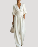 Reena | Damen Jumpsuit Weites Bein V-Ausschnitt Overall in Weiß