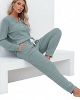 Rippenstrukturiertes zweiteiliges Set mit Langarmoberteil und Hose in Blau