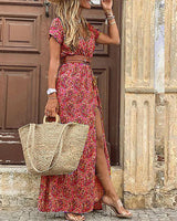 Justine – Florales Damen Maxikleid mit Schlitz in Pink