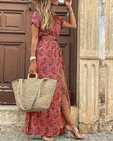 Justine | Lange Boho-Robe mit Gürtel in Rot