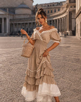 Naeun - Schulterfreies Maxikleid Mit Rüschen Und Spitzenbesatz in Beige