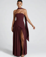 Nathalie | Damen Maxikleid Korsettstil Schaldetail Hoher Schlitz – Korsett Maxi 2026 in Braun
