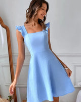 Lena | Damen Kurzes Ausgestelltes Kleid Rüschenärmel – Mini Kleid Rüschen 2026 in Himmelblau