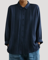 Romy | Damen Plissee Langarm Bluse mit Spitzendetails in Blau