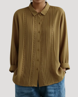 Romy | Damen Plissee Langarm Bluse mit Spitzendetails in Beige