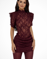 Rosalind | Damen Mock Neck Spitzen Mini Bodycon Kleid in Burgunder