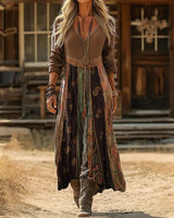 Rosmarie | Damen Boho Patchwork Langarm Maxikleid in Braun
