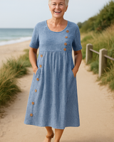 Roswen | Damen Gestreiftes Kurzarm Midikleid mit Knöpfen in Blau