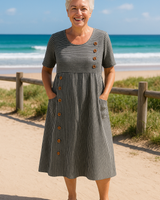 Roswen | Damen Gestreiftes Kurzarm Midikleid mit Knöpfen in Grau