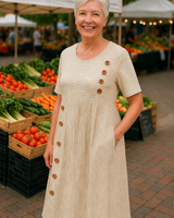 Roswen | Damen Gestreiftes Kurzarm Midikleid mit Knöpfen in Beige
