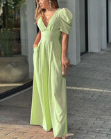 Roswitha | Damen V-Ausschnitt Puffärmel Jumpsuit in Hellgrün