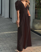 Roswitha | Damen V-Ausschnitt Puffärmel Jumpsuit in Braun