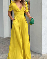 Roswitha | Damen V-Ausschnitt Puffärmel Jumpsuit in Gelb