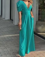 Roswitha | Damen V-Ausschnitt Puffärmel Jumpsuit in Grün