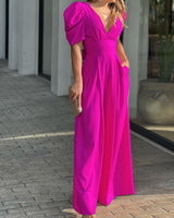 Roswitha | Damen V-Ausschnitt Puffärmel Jumpsuit in Rosa