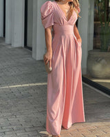 Roswitha | Damen V-Ausschnitt Puffärmel Jumpsuit in Rosa Hell