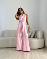 Kamwi - Eleganter Jumpsuit Mit Drapiertem Ausschnitt Und Weitem Bein in Rosa