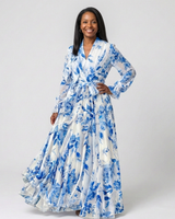 Lillian | Floral Langärmliges Wickel-Maxi-Kleid in Blau