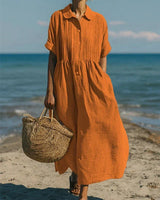 Saskia | Damen Hemdblusenkleid Maxikleid mit Knöpfen in Orange