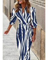 Selina | Damen Langarm Maxikleid mit Streifen und V Ausschnitt in Marineblau