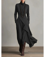 Selma | Damen Langarm Maxikleid mit Kragen und Langer Silhouette in Schwarz