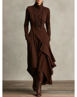 Selma | Damen Langarm Maxikleid mit Kragen und Langer Silhouette in Braun