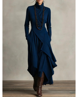 Selma | Damen Langarm Maxikleid mit Kragen und Langer Silhouette in Marineblau