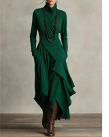 Selma | Damen Langarm Maxikleid mit Kragen und Langer Silhouette in Grün