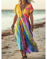 Sienna | Damen Boho Maxikleid mit V Ausschnitt und Patchwork Muster in Mehrfarbig